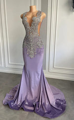 L2906 - Scoop Sleeveless Beaded With Train Party Prom Evening Dress For Black Women