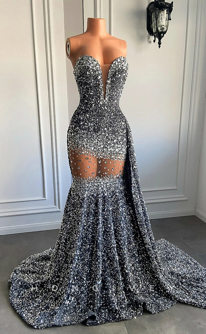 L2898 - Sweetheart Strapless Beaded Illusion With Train Party Prom Evening Dress For Black Women