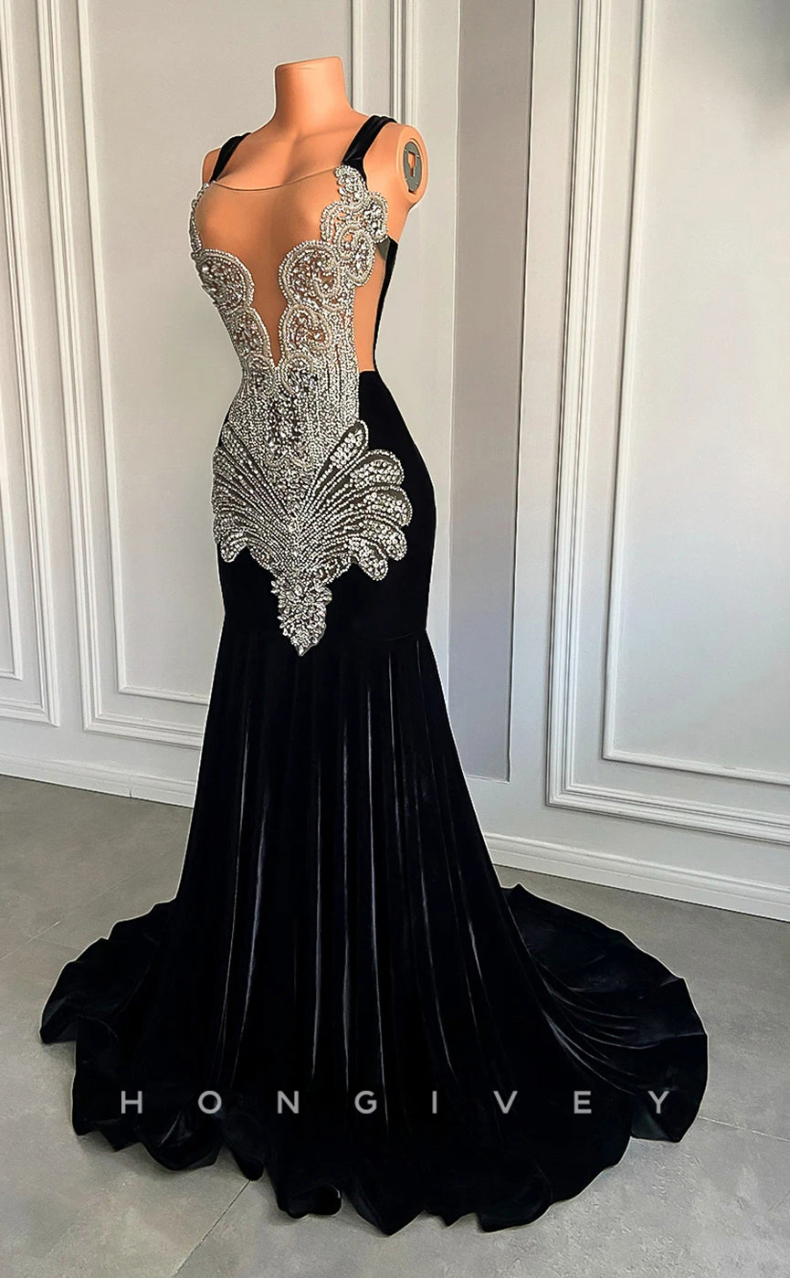 L2895 - Trumpet Bateau Spaghetti Straps Beaded Appliques Party Prom Evening Dress For Black Women