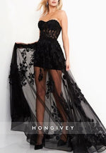 Strapless Black Sweetheart Appliqued Tulle A-Line Evening Gown