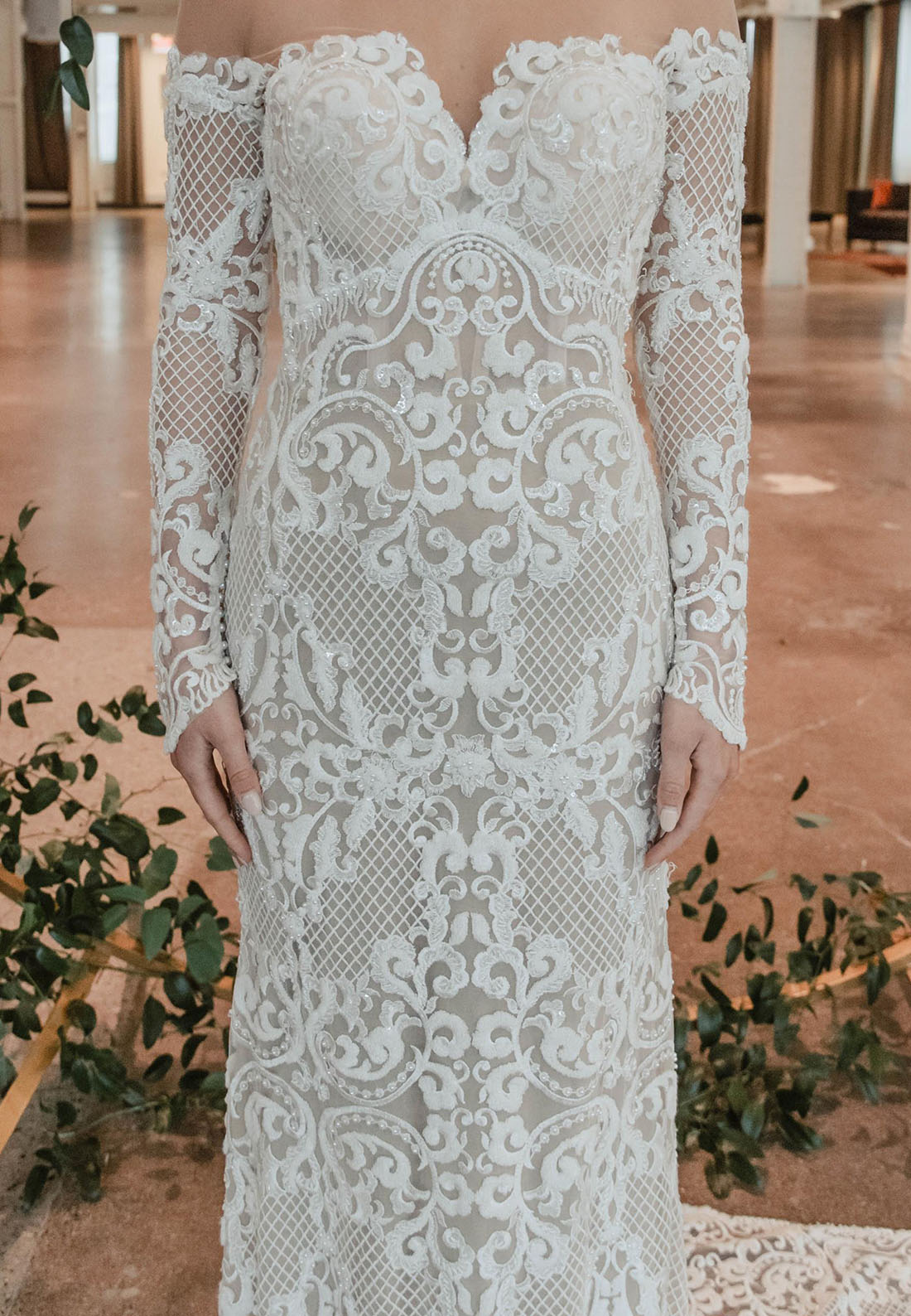 Illusion Neck Off the Shoulder Lace Trumpet Court Train Wedding Dresses