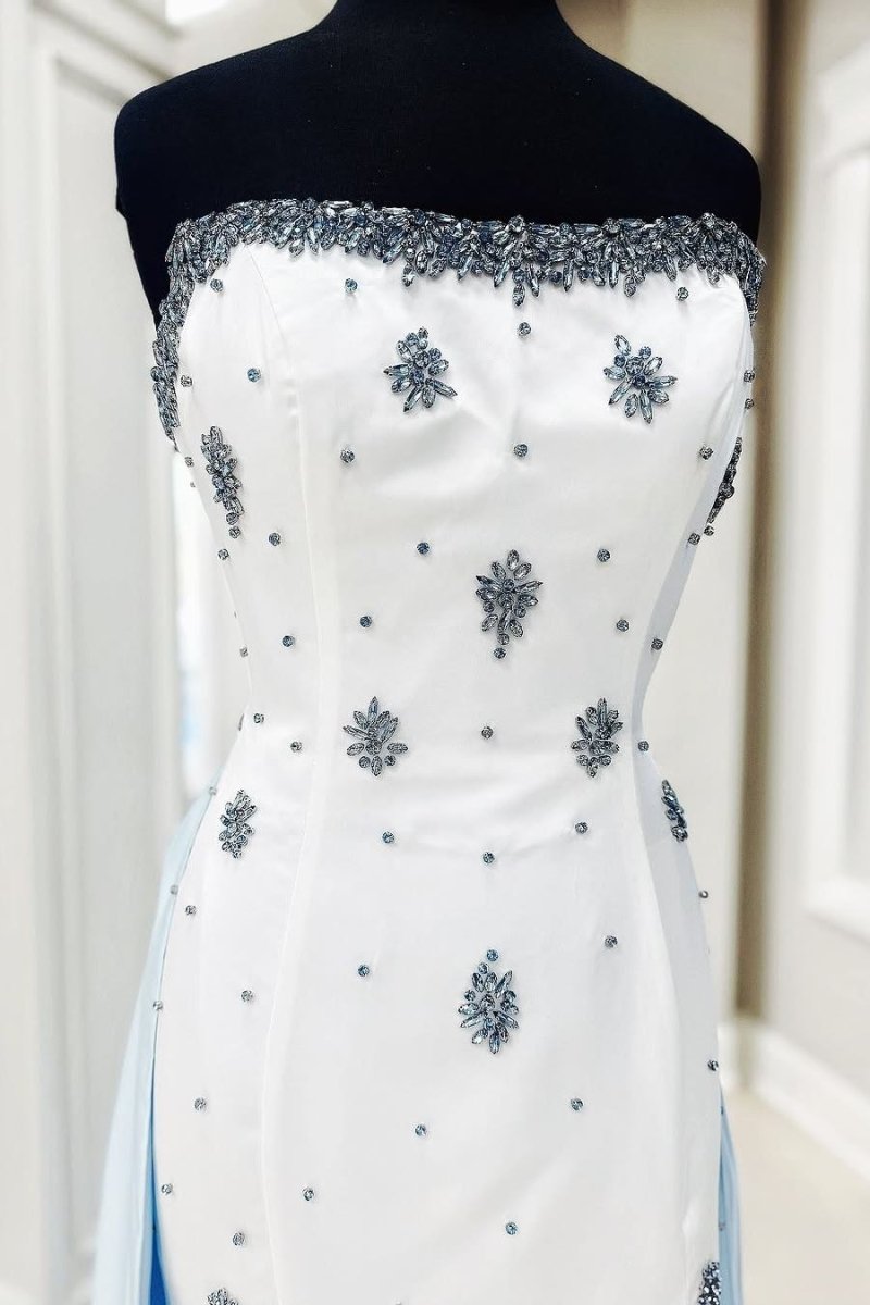 White Strapless A-Line Beads Side Slit Formal Prom Dress With Train