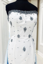 White Strapless A-Line Beads Side Slit Formal Prom Dress With Train