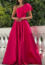 One Shoulder Bowknot Pleated Sweep Train Princess Evening Gown