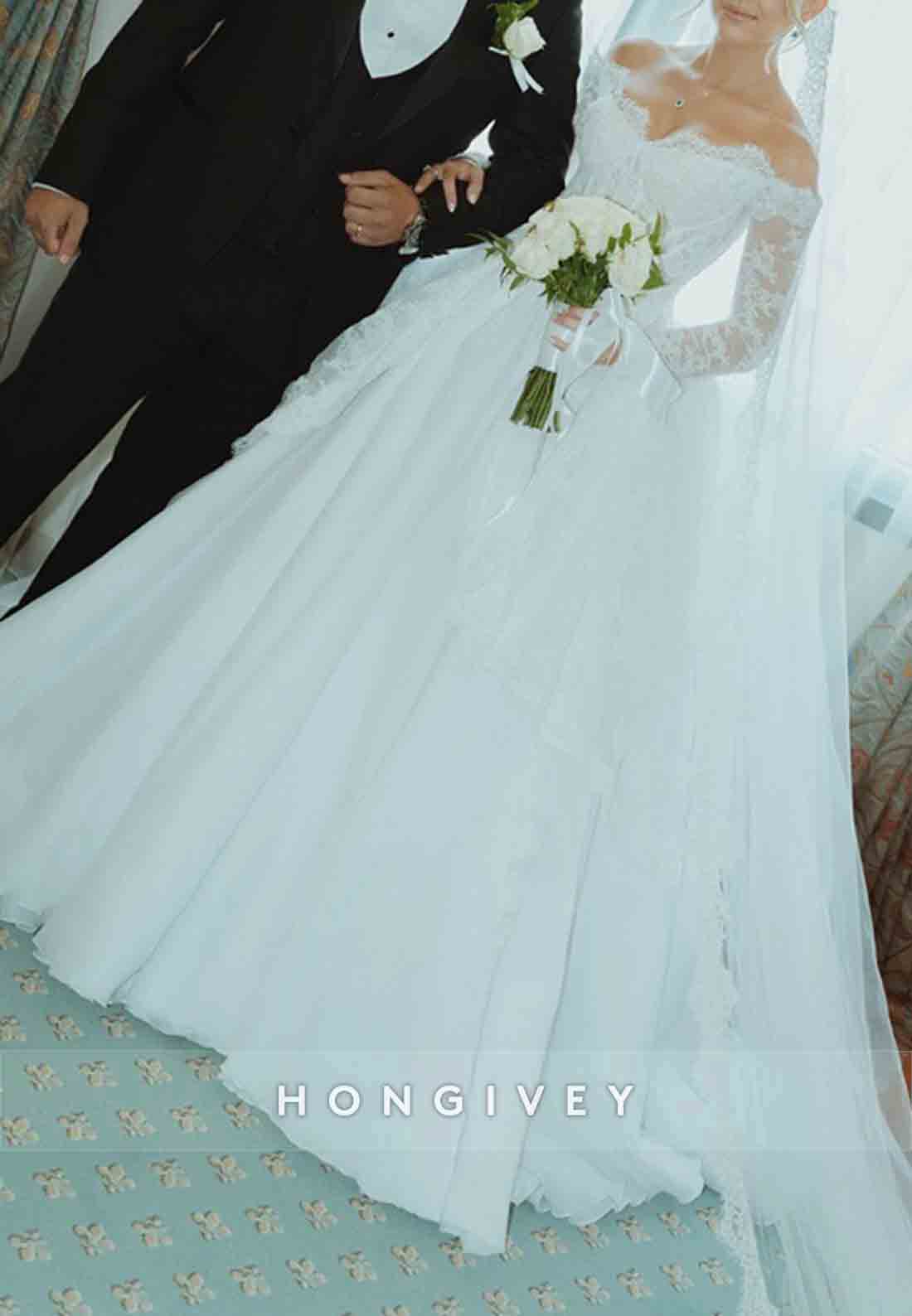 Tulle Long Sleeves Off the Shoulder Lace Princess Wedding Dresses