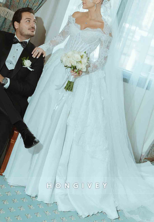 Tulle Long Sleeves Off the Shoulder Lace Princess Wedding Dresses