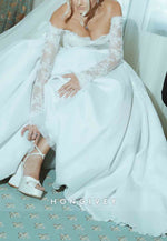 Tulle Long Sleeves Off the Shoulder Lace Princess Wedding Dresses