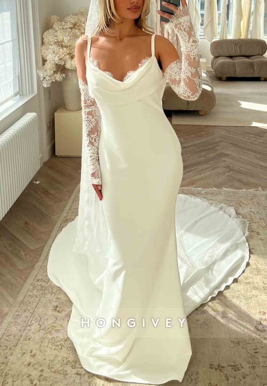 Cowl Neck Regular Straps V-Neck Cowl Back Lace Mermaid Wedding Dresses
