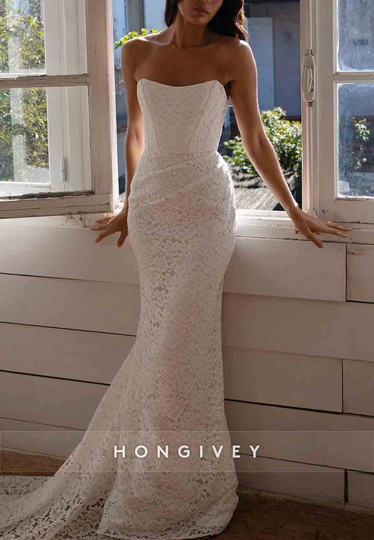 Lace Strapless Court Train Flowers Sleeveless Mermaid Wedding Dresses