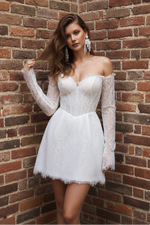Sexy Strapless Short Wedding Dress Long Sleeves Applique Engagement Dresses