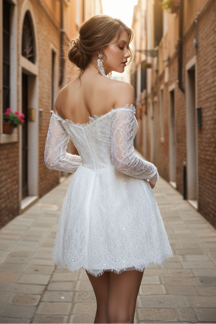 Sexy Strapless Short Wedding Dress Long Sleeves Applique Engagement Dresses