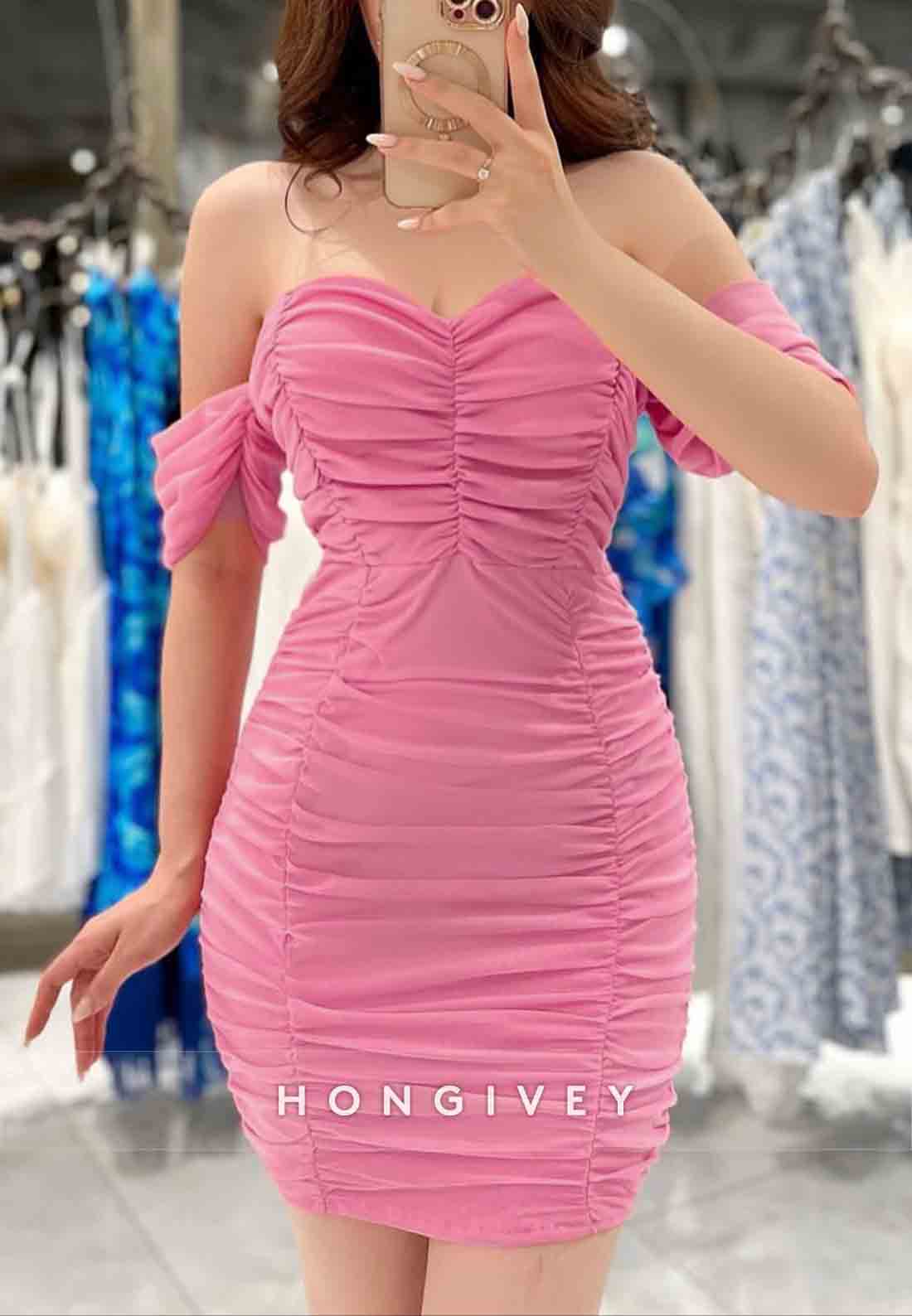 Off the Shoulder Sweetheart Sheath Ruched Mini Homecoming Dresses