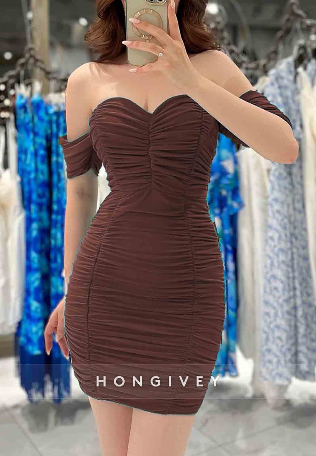 Off the Shoulder Sweetheart Sheath Ruched Mini Homecoming Dresses