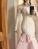 Lace Off the Shoulder Long Sleeve Bow Mermaid Evening Dress Floor-Length