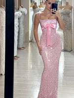 Pink Spaghetti Straps Beaded Sequins Sleevless Bow Mermaid Prom Dress