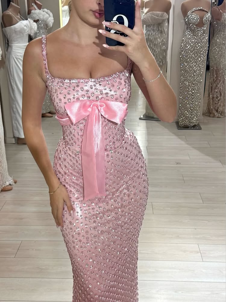 Pink Spaghetti Straps Beaded Sequins Sleevless Bow Mermaid Prom Dress