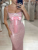 Pink Spaghetti Straps Beaded Sequins Sleevless Bow Mermaid Prom Dress