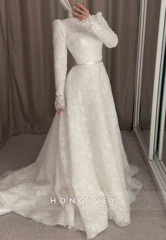 Long Sleeves Lace High Neck Court Train A-Line Empire Wedding Dresses