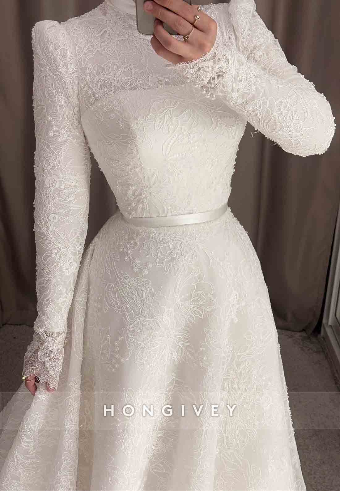 Long Sleeves Lace High Neck Court Train A-Line Empire Wedding Dresses