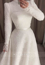 Long Sleeves Lace High Neck Court Train A-Line Empire Wedding Dresses