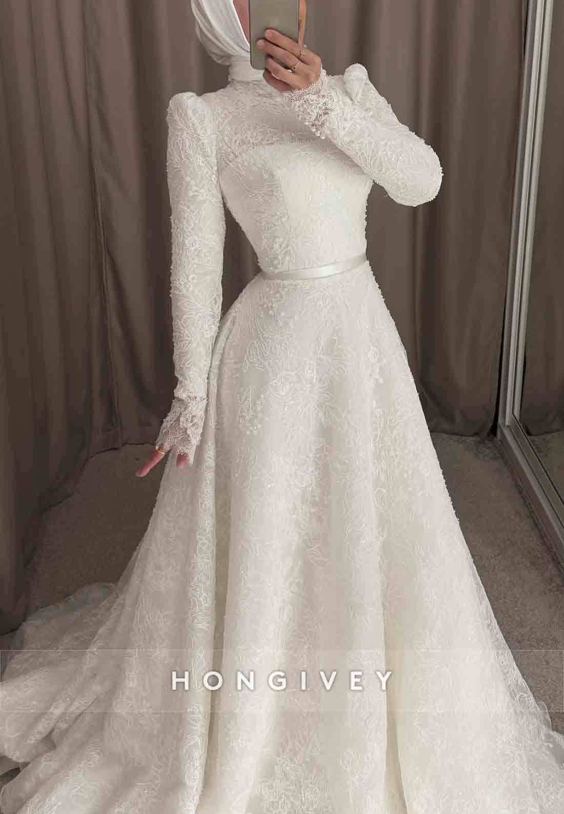 Long Sleeves Lace High Neck Court Train A-Line Empire Wedding Dresses