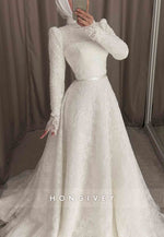 Long Sleeves Lace High Neck Court Train A-Line Empire Wedding Dresses