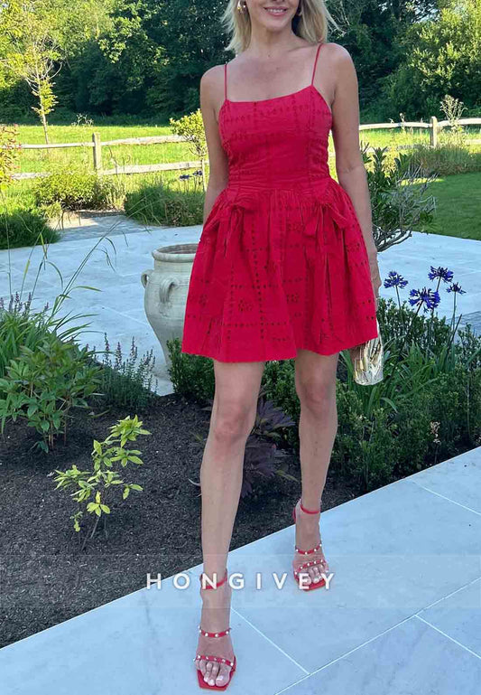 Bowknot Square Neck Spaghetti Straps Sleeveless A-Line Short Homecoming Dresses