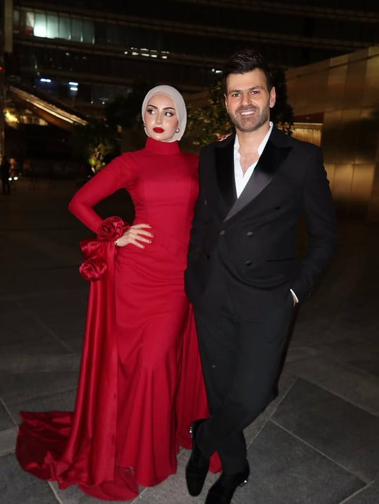 Fashion Red High Neck Long Sleeve Mermaid Flowers Shawl Floor-Length Evening Dress