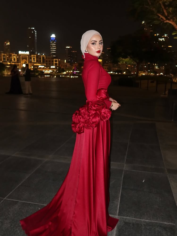 Fashion Red High Neck Long Sleeve Mermaid Flowers Shawl Floor-Length Evening Dress