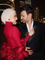 Fashion Red High Neck Long Sleeve Mermaid Flowers Shawl Floor-Length Evening Dress