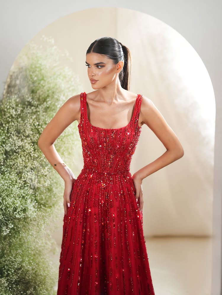 Square Neck Sleeveless Beaded Sparkle A-Line Floor-Length Evening Dress