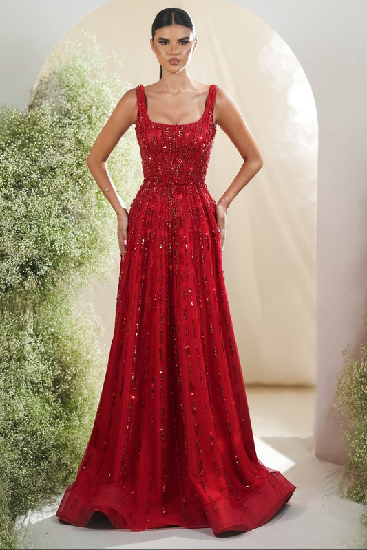 Square Neck Sleeveless Beaded Sparkle A-Line Floor-Length Evening Dress