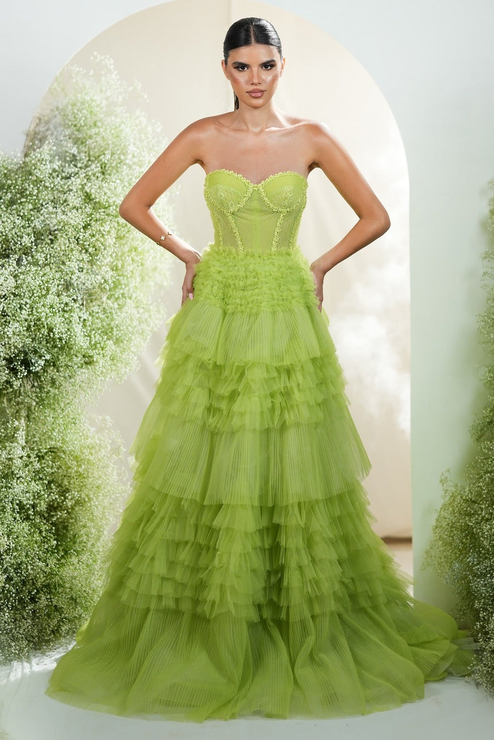 Green Sweetheart Tulle A-Line Sleeveless Floor-Length Prom Dress