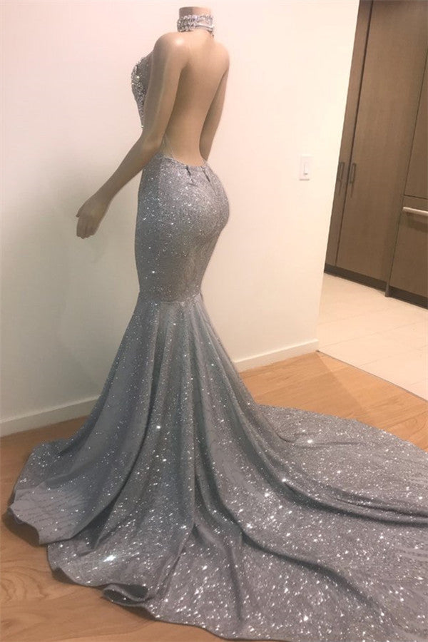 Mermaid Deep V-neck Halter Chapel Backless Paillette Prom Dress
