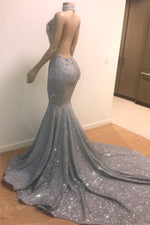Mermaid Deep V-neck Halter Chapel Backless Paillette Prom Dress