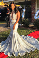 Mermaid Deep V-neck Halter Chapel Backless Paillette Prom Dress