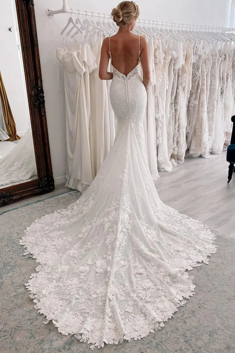 Mermaid Lace Wedding Dress Plunging Deep V Neck Applique Train