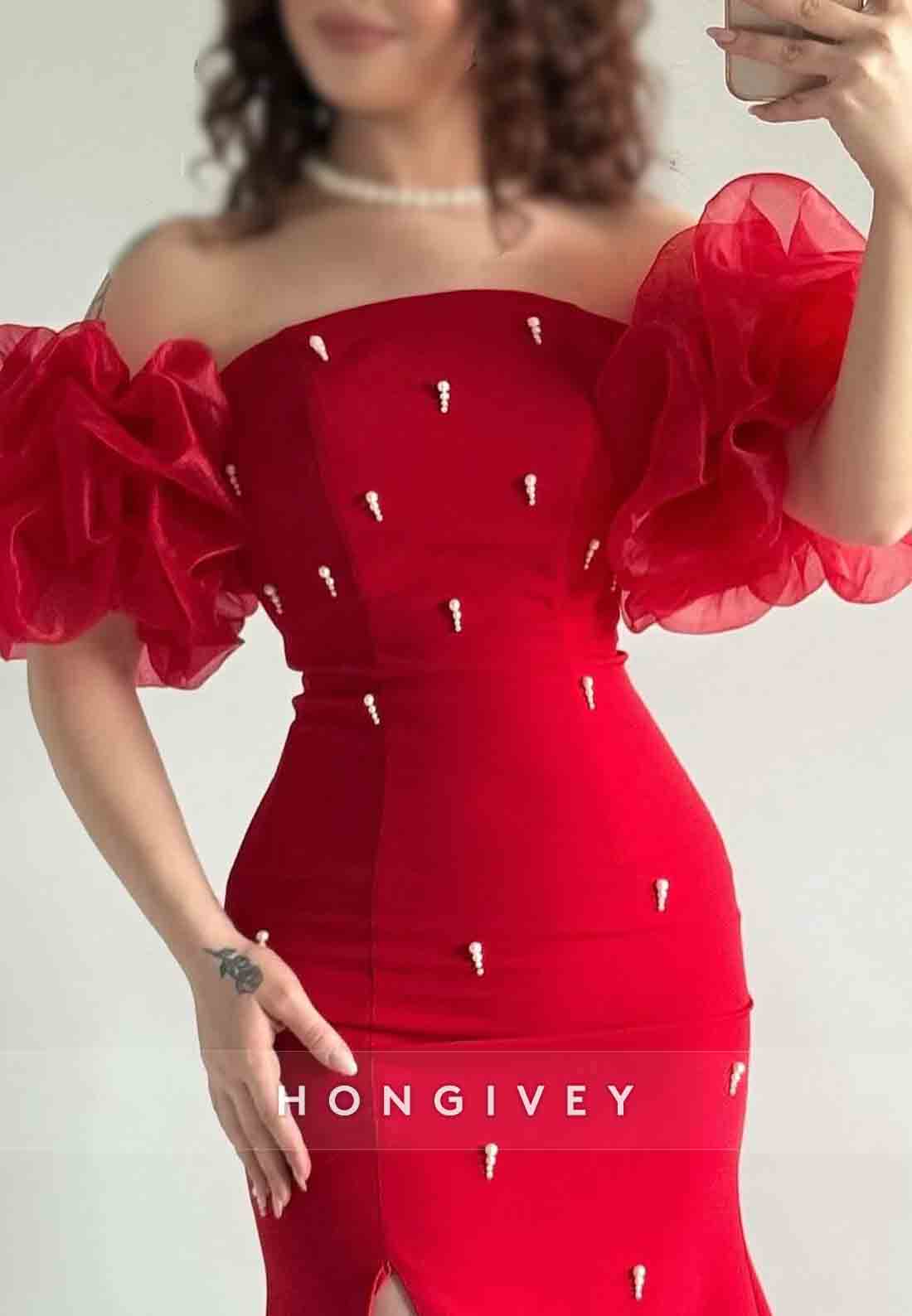 Red Off the Shoulder Side Slit Floor-Length Trumpet Evening Gowns