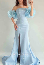 Red Off the Shoulder Side Slit Floor-Length Trumpet Evening Gowns