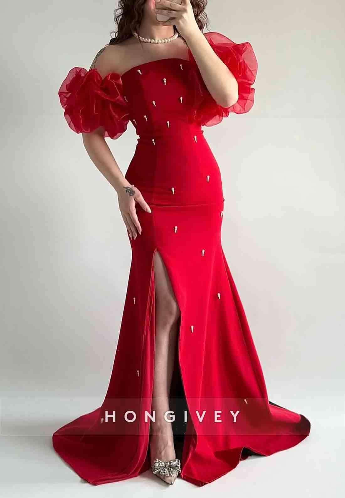 Red Off the Shoulder Side Slit Floor-Length Trumpet Evening Gowns