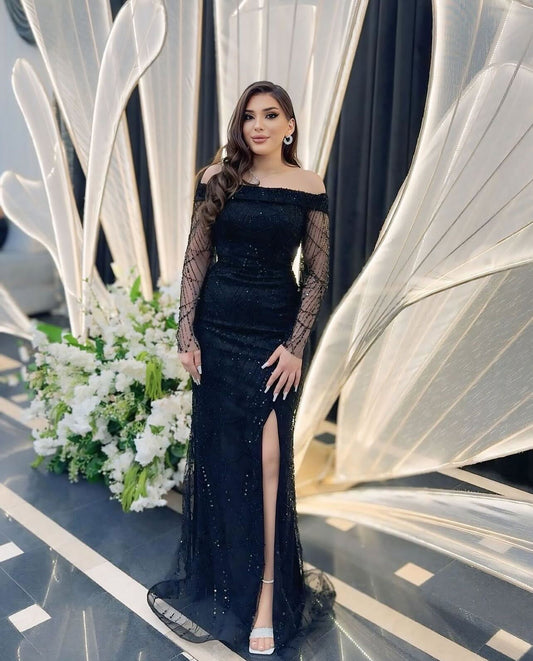 Lace Long Sleeve Off the Shoulder Black Mermaid Sparkle Side Slit Evening Dress