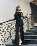Lace Long Sleeve Off the Shoulder Black Mermaid Sparkle Side Slit Evening Dress