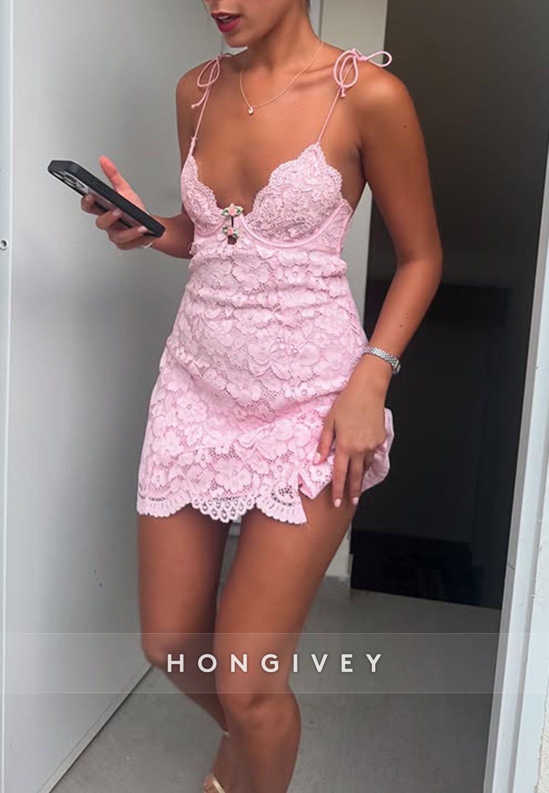 Spaghetti Straps Pink Lace Floral Scalloped Neck Mini Homecoming Dress