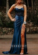 Chic Spaghetti Straps High Slit Navy Blue Satin Prom Dresses