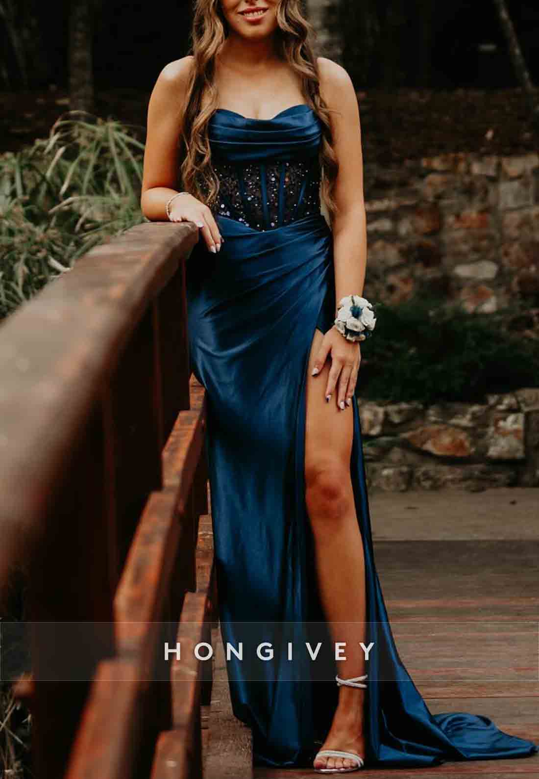 Chic Spaghetti Straps High Slit Navy Blue Satin Prom Dresses