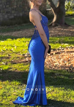 Spaghetti Straps Royal Blue Crisscross Back Trumpet Prom Dresses