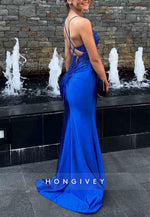 Spaghetti Straps Royal Blue Crisscross Back Trumpet Prom Dresses