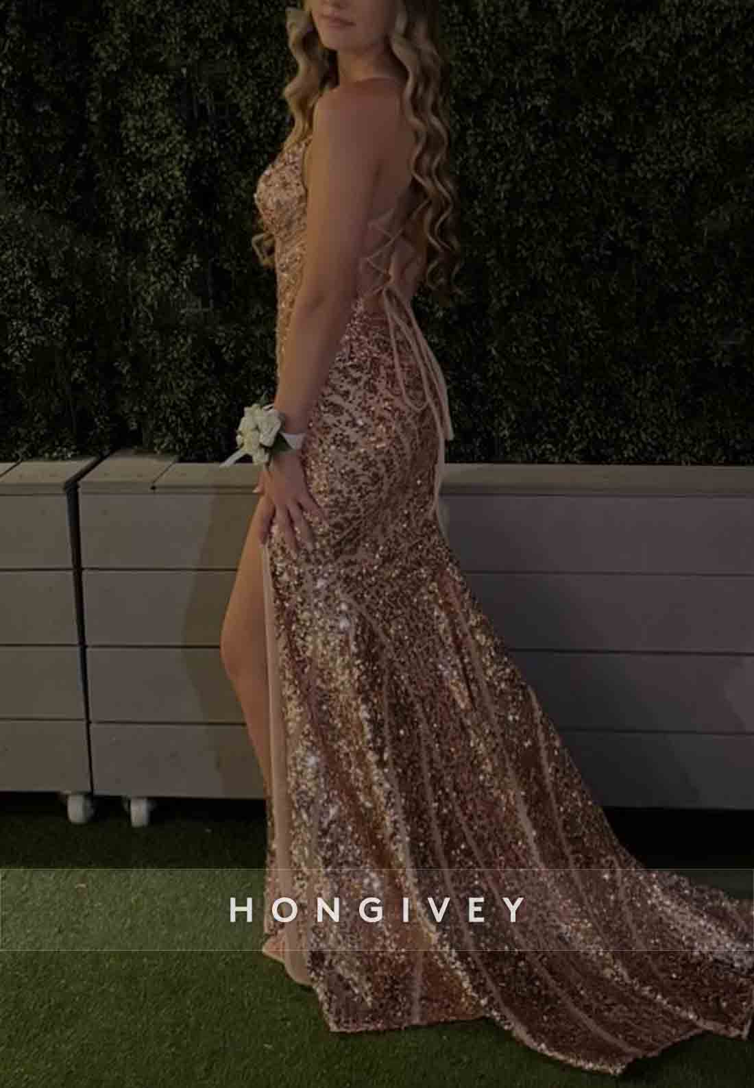 Sparkly Tie Back Spaghetti Straps V-Neck High Slit Sequined Prom Dresses