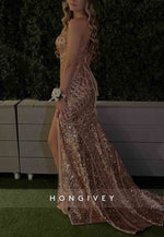 Sparkly Tie Back Spaghetti Straps V-Neck High Slit Sequined Prom Dresses