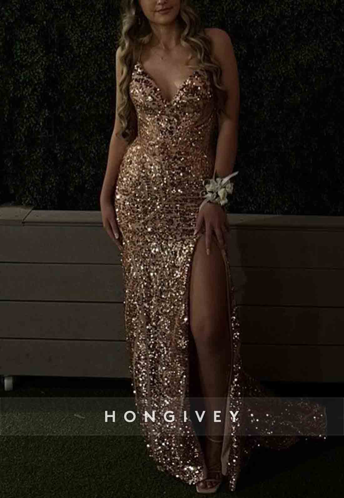 Sparkly Tie Back Spaghetti Straps V-Neck High Slit Sequined Prom Dresses